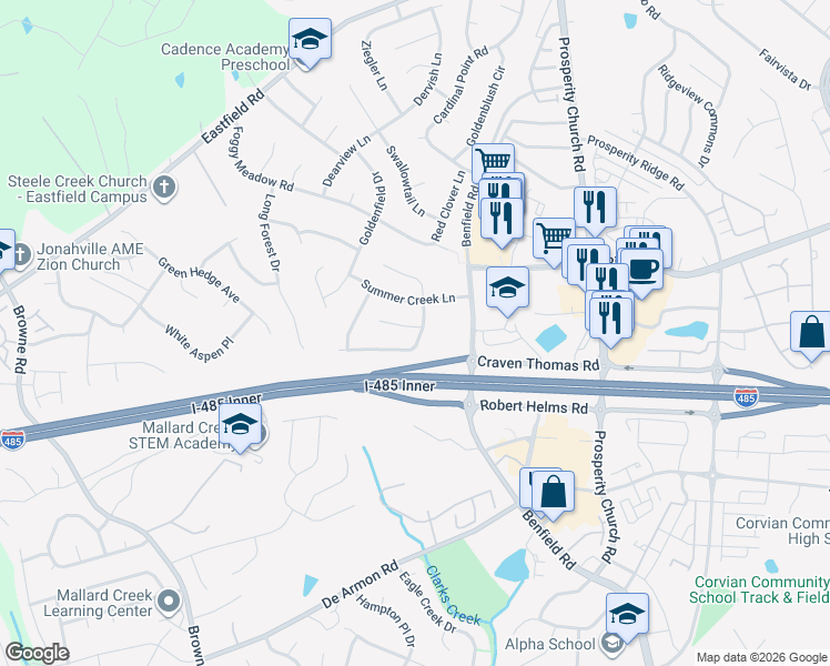 map of restaurants, bars, coffee shops, grocery stores, and more near 5839 Shining Oak Lane in Charlotte