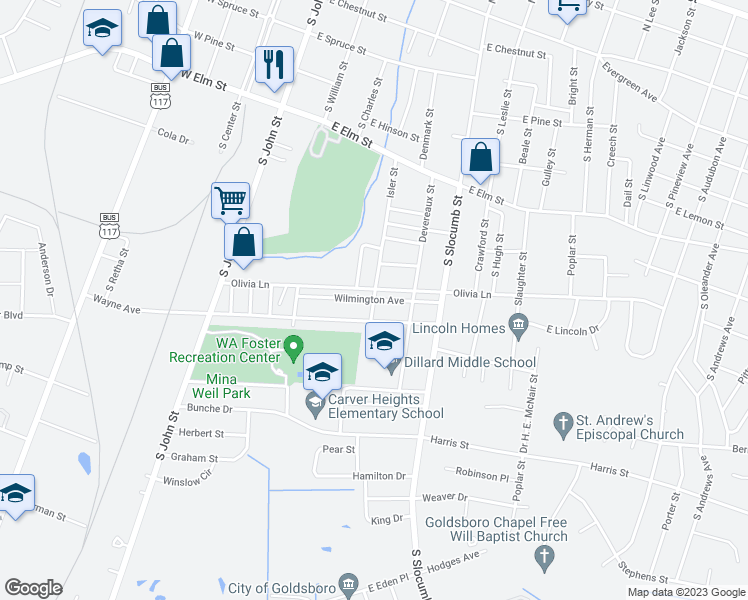 map of restaurants, bars, coffee shops, grocery stores, and more near 501 Wilmington Avenue in Goldsboro