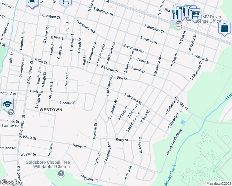 map of restaurants, bars, coffee shops, grocery stores, and more near 701 South Andrews Avenue in Goldsboro