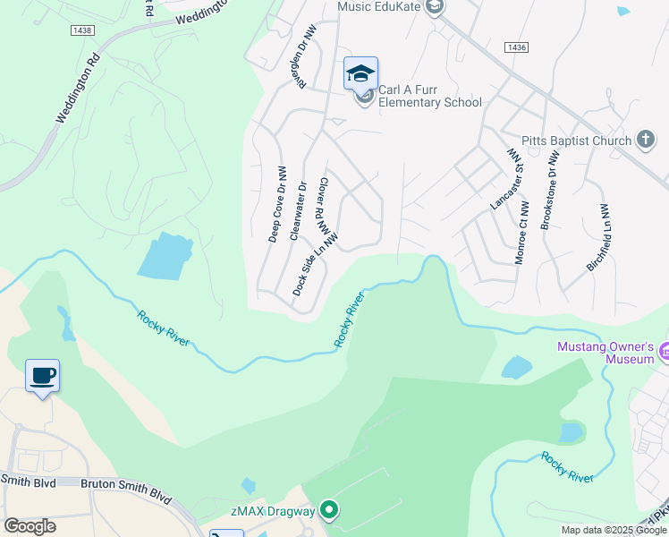 map of restaurants, bars, coffee shops, grocery stores, and more near 2879 Watercrest Drive Northwest in Concord