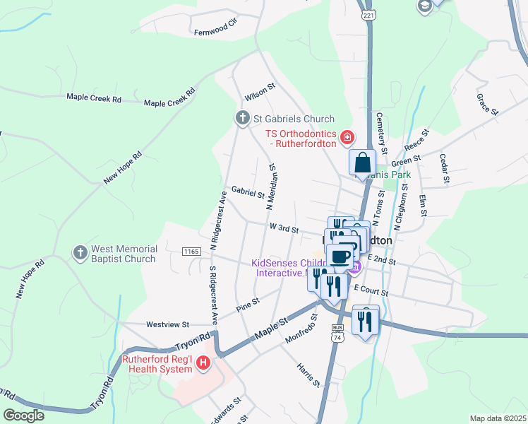 map of restaurants, bars, coffee shops, grocery stores, and more near 199 North Meridian Street in Rutherfordton