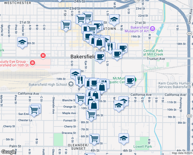 map of restaurants, bars, coffee shops, grocery stores, and more near 1301 Chester Avenue in Bakersfield