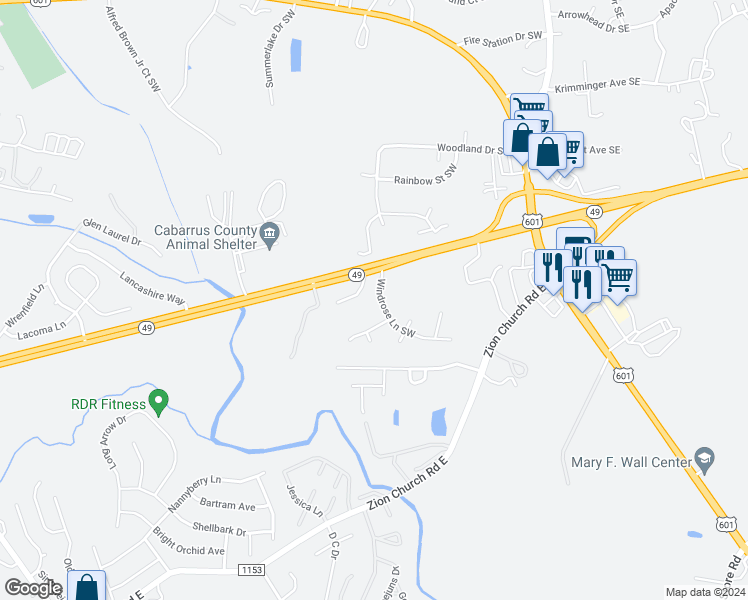 map of restaurants, bars, coffee shops, grocery stores, and more near 322 Windrose Lane Southwest in Concord