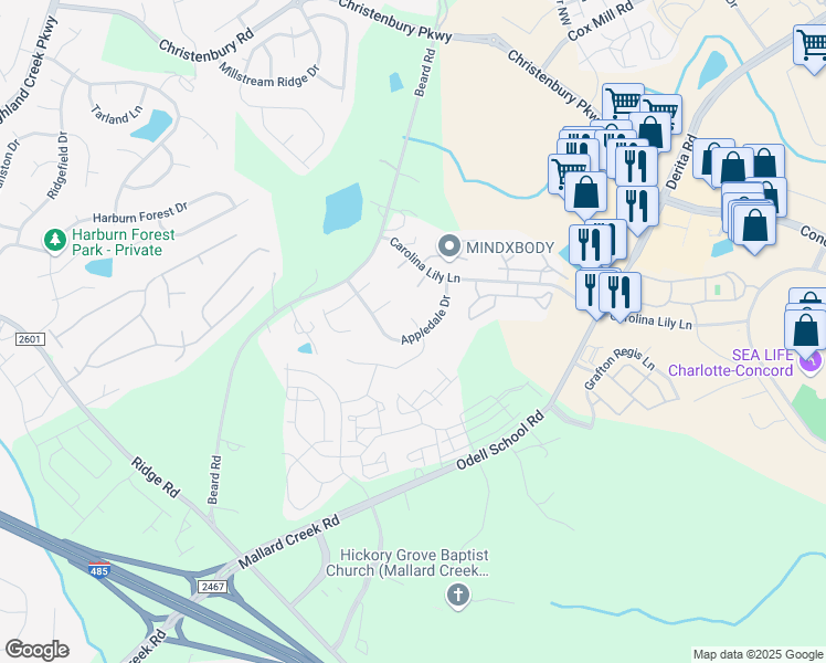 map of restaurants, bars, coffee shops, grocery stores, and more near 8551 Appledale Drive in Charlotte