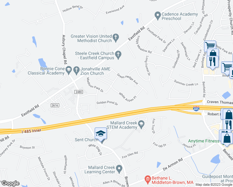 map of restaurants, bars, coffee shops, grocery stores, and more near 9327 White Aspen Place in Charlotte