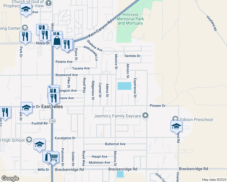 map of restaurants, bars, coffee shops, grocery stores, and more near 1217 Monica Street in Bakersfield