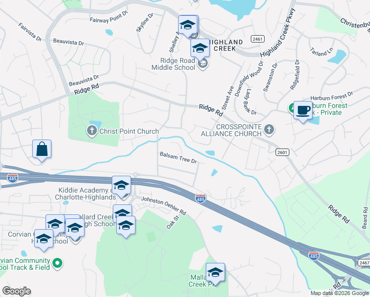 map of restaurants, bars, coffee shops, grocery stores, and more near 3507 Balsam Tree Drive in Charlotte