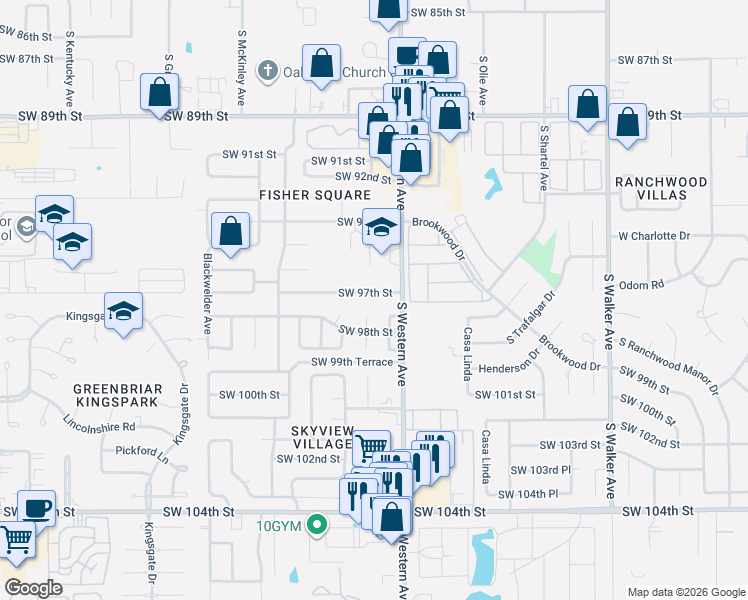 map of restaurants, bars, coffee shops, grocery stores, and more near 9810 Teka Circle in Oklahoma City
