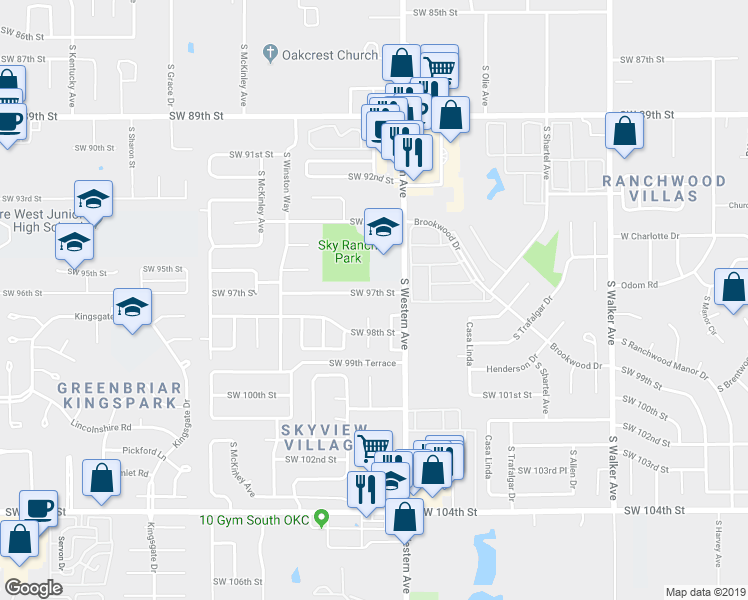 map of restaurants, bars, coffee shops, grocery stores, and more near 9810 Teka Circle in Oklahoma City