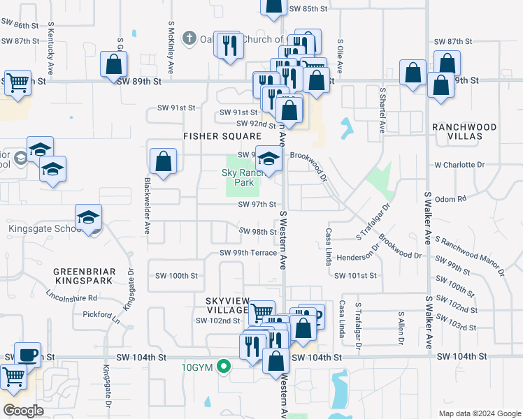 map of restaurants, bars, coffee shops, grocery stores, and more near 920 Southwest 97th Street in Oklahoma City