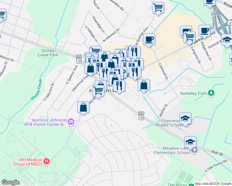 map of restaurants, bars, coffee shops, grocery stores, and more near 2710 E Ash St in Goldsboro