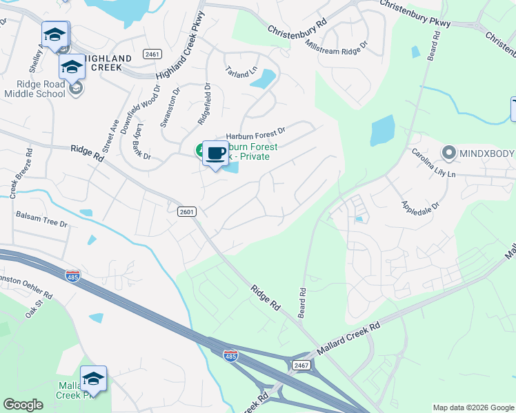 map of restaurants, bars, coffee shops, grocery stores, and more near 3011 Hunters Creek Court in Charlotte