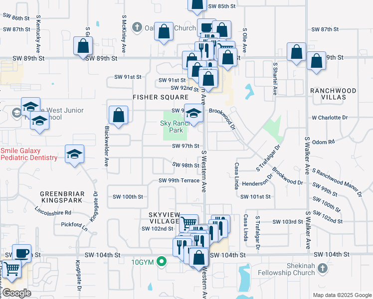 map of restaurants, bars, coffee shops, grocery stores, and more near 9810 Teka Circle in Oklahoma City