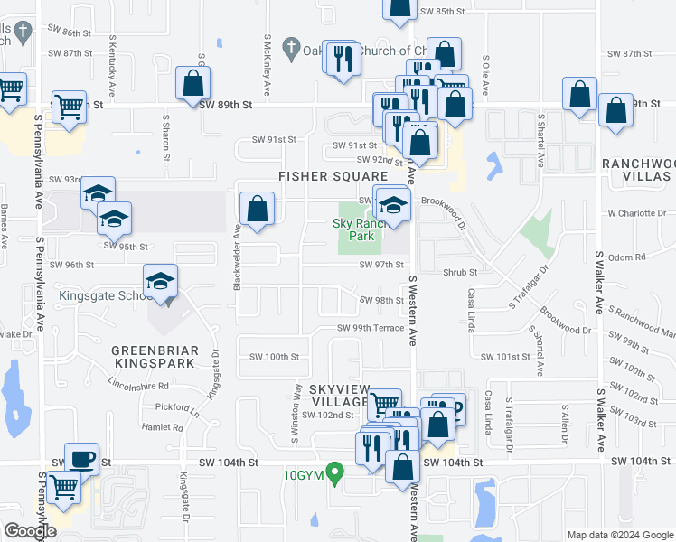 map of restaurants, bars, coffee shops, grocery stores, and more near 1018 Southwest 97th Street in Oklahoma City