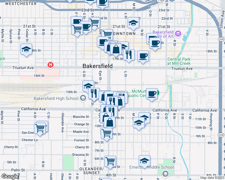 map of restaurants, bars, coffee shops, grocery stores, and more near 1301 Chester Avenue in Bakersfield