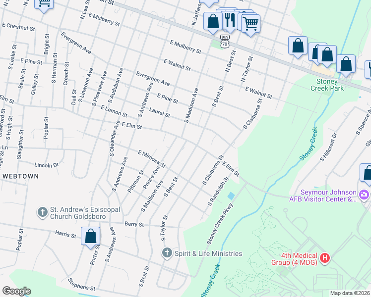 map of restaurants, bars, coffee shops, grocery stores, and more near 607 South Best Street in Goldsboro