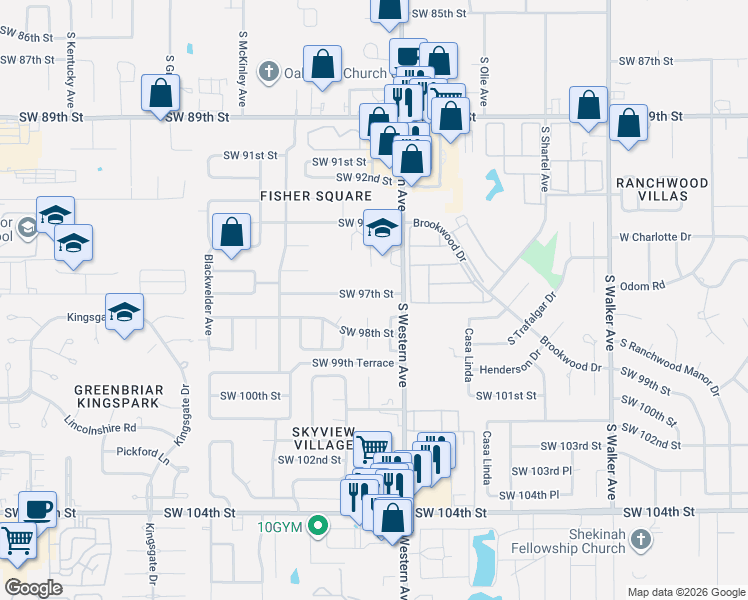 map of restaurants, bars, coffee shops, grocery stores, and more near 9810 Teka Circle in Oklahoma City