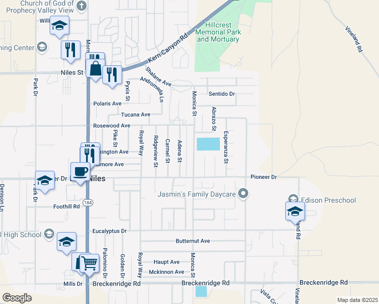 map of restaurants, bars, coffee shops, grocery stores, and more near 1217 Monica Street in Bakersfield