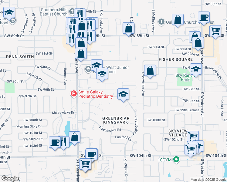 map of restaurants, bars, coffee shops, grocery stores, and more near 1420 Kingsgate Road in Oklahoma City