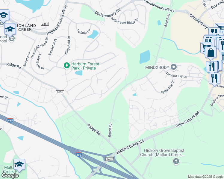 map of restaurants, bars, coffee shops, grocery stores, and more near 12908 Deaton Hill Drive in Charlotte