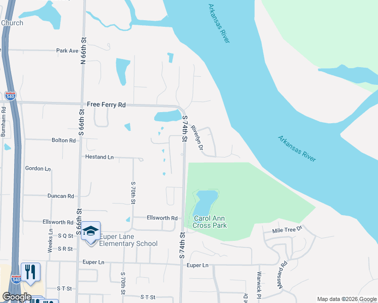 map of restaurants, bars, coffee shops, grocery stores, and more near 1015 South 74th Street in Fort Smith