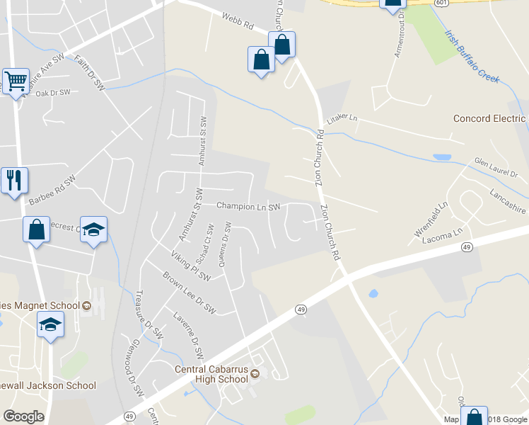 map of restaurants, bars, coffee shops, grocery stores, and more near 3081 Parade Lane Southwest in Concord