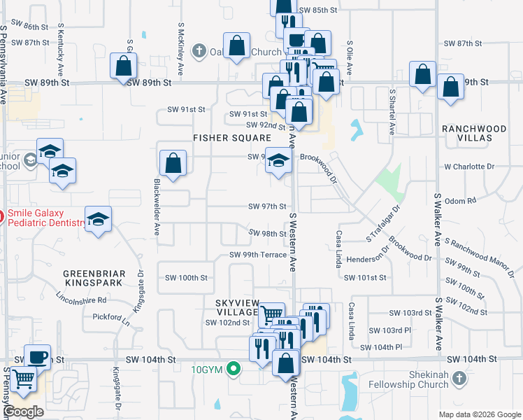 map of restaurants, bars, coffee shops, grocery stores, and more near 927 Southwest 97th Street in Oklahoma City
