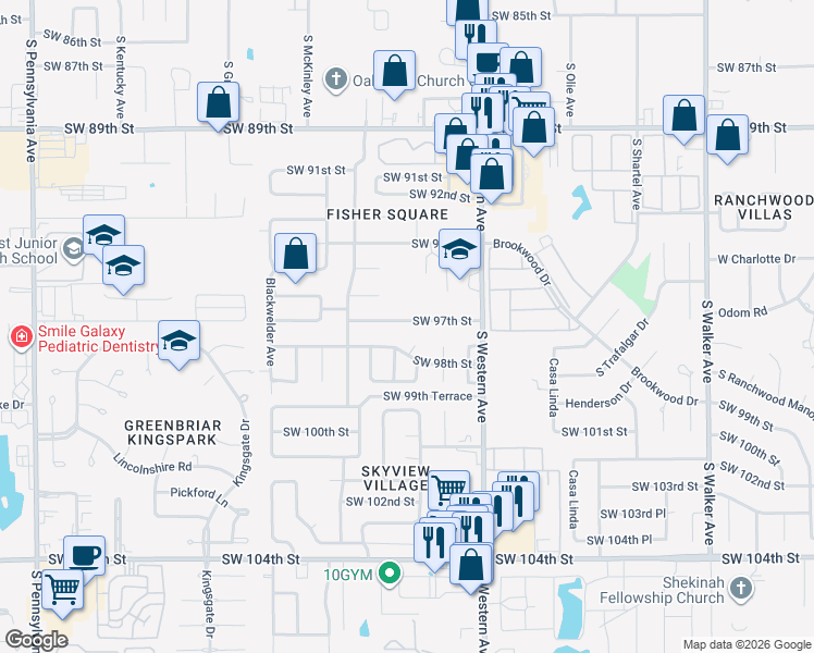 map of restaurants, bars, coffee shops, grocery stores, and more near 1005 Southwest 97th Street in Oklahoma City