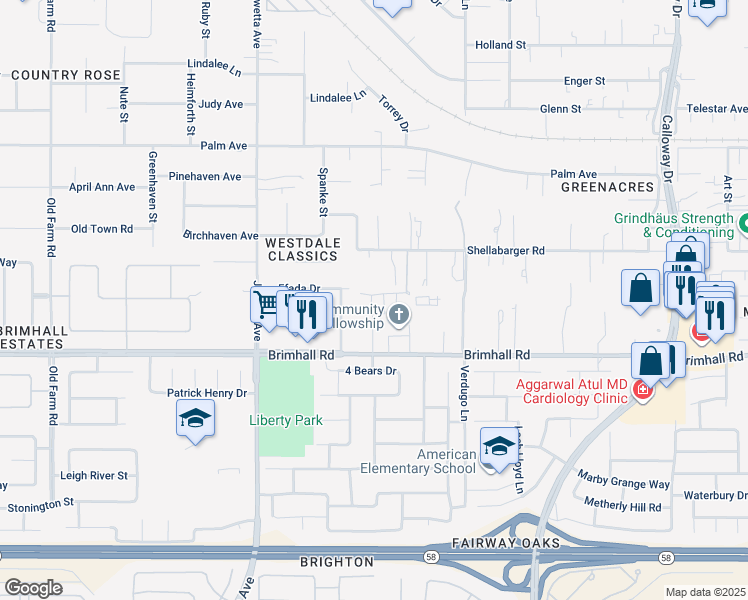 map of restaurants, bars, coffee shops, grocery stores, and more near 10817 Shellabarger Road in Bakersfield