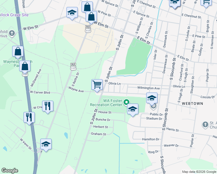 map of restaurants, bars, coffee shops, grocery stores, and more near 800 S John St in Goldsboro