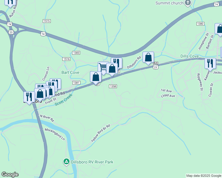 map of restaurants, bars, coffee shops, grocery stores, and more near Savannah Dr in Sylva