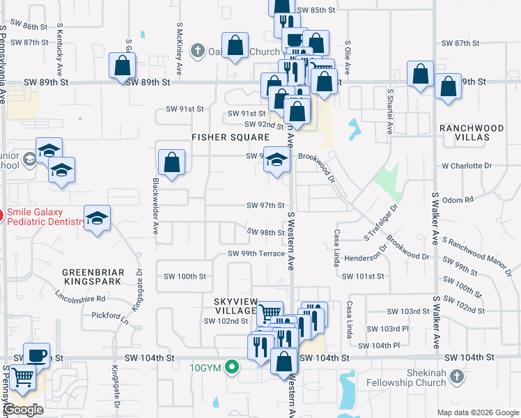 map of restaurants, bars, coffee shops, grocery stores, and more near 927 Southwest 97th Street in Oklahoma City