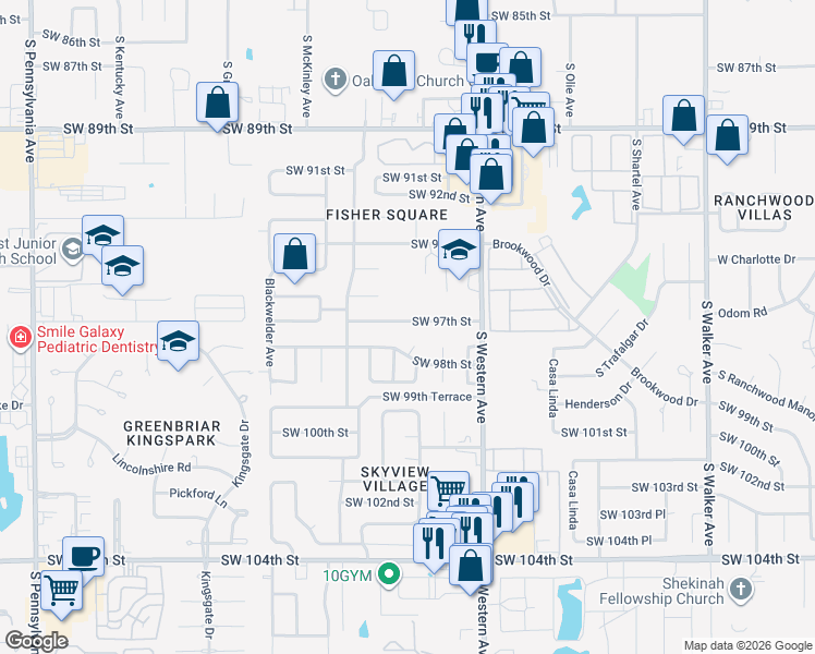 map of restaurants, bars, coffee shops, grocery stores, and more near 1005 Southwest 97th Street in Oklahoma City