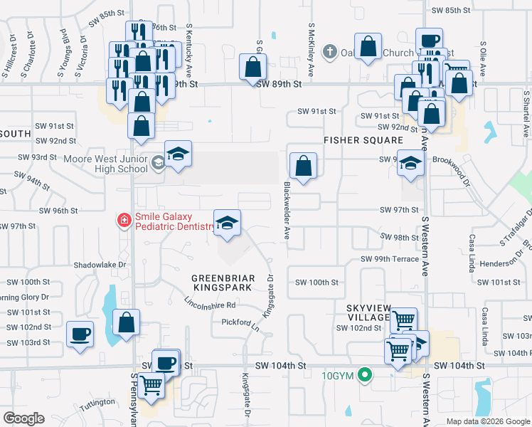 map of restaurants, bars, coffee shops, grocery stores, and more near 9608 South Grace Drive in Oklahoma City