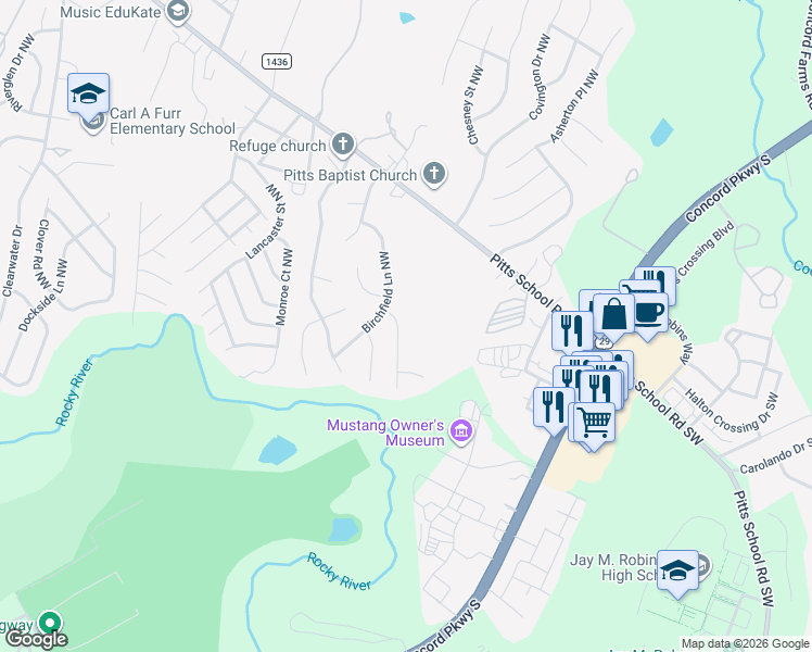 map of restaurants, bars, coffee shops, grocery stores, and more near 5835 Misty Forest Place Northwest in Concord