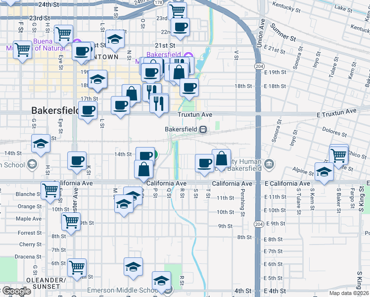 map of restaurants, bars, coffee shops, grocery stores, and more near 1401 S Street in Bakersfield