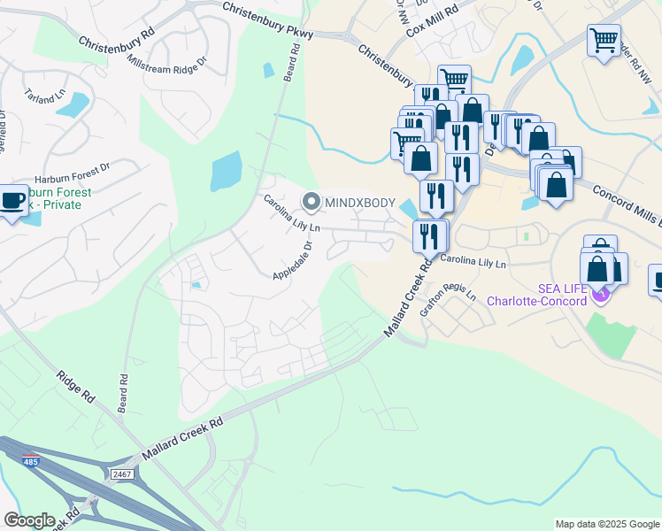 map of restaurants, bars, coffee shops, grocery stores, and more near 8625 Hollow Creek Circle in Charlotte