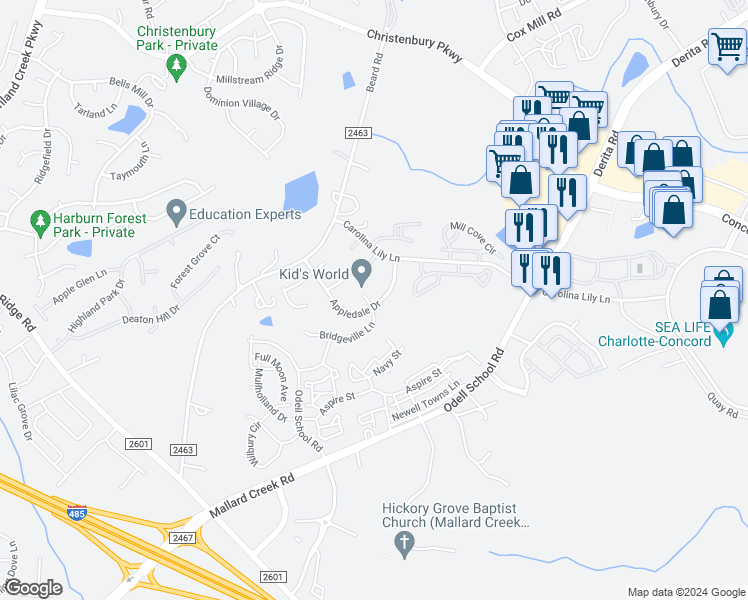 map of restaurants, bars, coffee shops, grocery stores, and more near 8605 Appledale Drive in Charlotte