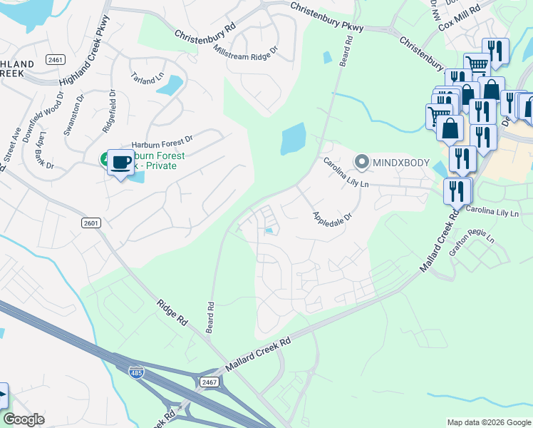 map of restaurants, bars, coffee shops, grocery stores, and more near 3218 Beard Road in Charlotte