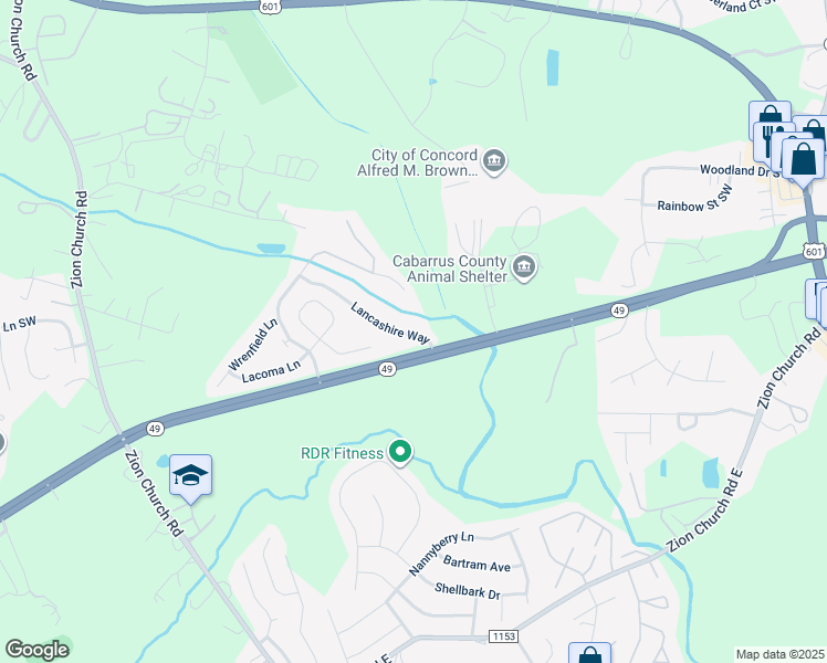 map of restaurants, bars, coffee shops, grocery stores, and more near 659 Lancashire Way in Concord