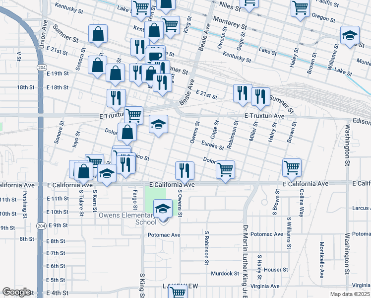 map of restaurants, bars, coffee shops, grocery stores, and more near 925 Eureka Street in Bakersfield