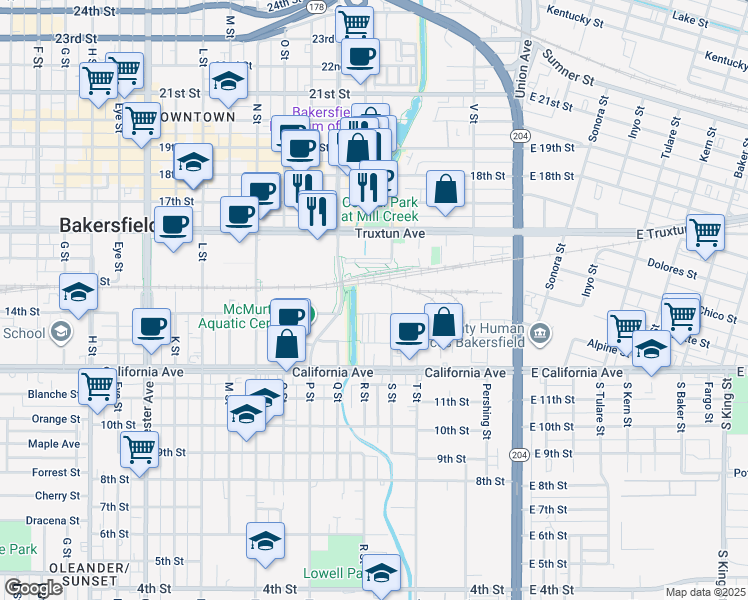 map of restaurants, bars, coffee shops, grocery stores, and more near 601 Truxtun Avenue in Bakersfield