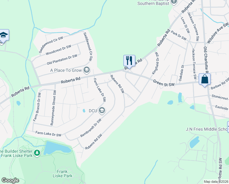 map of restaurants, bars, coffee shops, grocery stores, and more near 1021 Rembrandt Drive Southwest in Concord