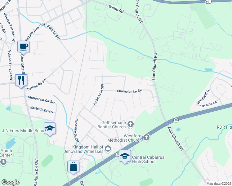 map of restaurants, bars, coffee shops, grocery stores, and more near 3022 Champion Lane Southwest in Concord