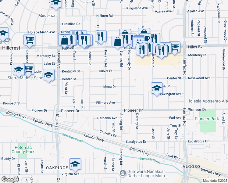 map of restaurants, bars, coffee shops, grocery stores, and more near 3414 Lexington Avenue in Bakersfield