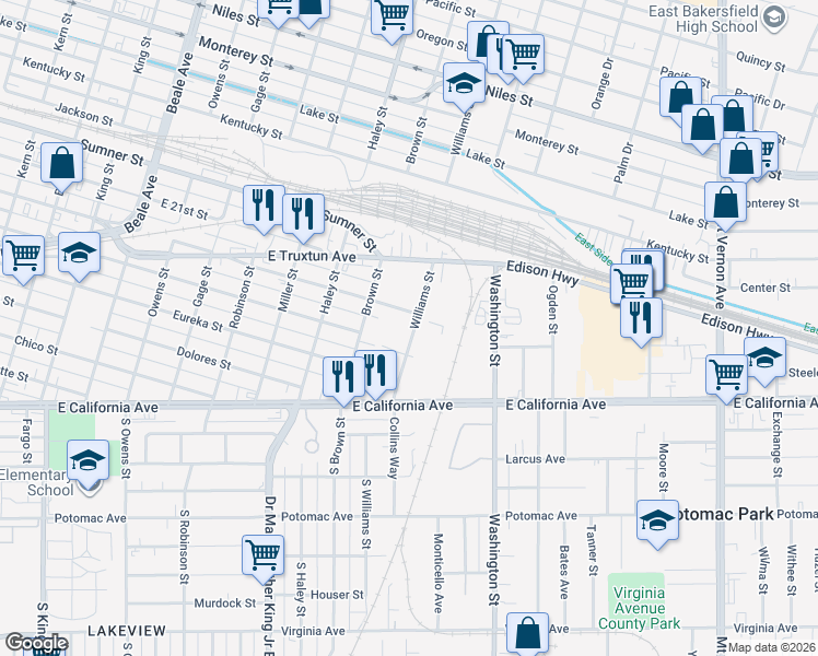 map of restaurants, bars, coffee shops, grocery stores, and more near 616 Williams Street in Bakersfield