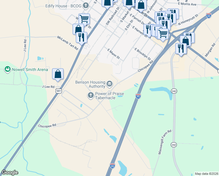map of restaurants, bars, coffee shops, grocery stores, and more near 413 South Williams Drive in Benson
