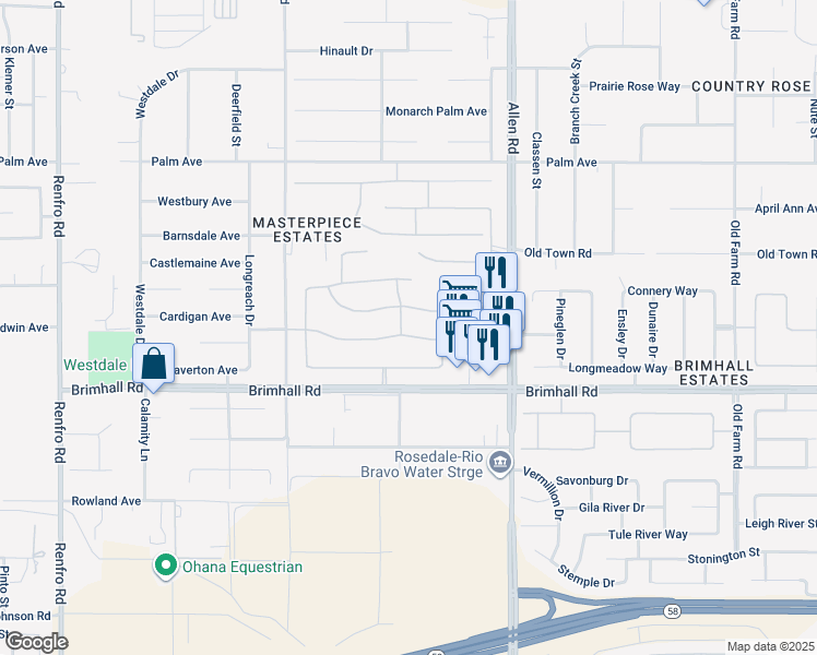 map of restaurants, bars, coffee shops, grocery stores, and more near 13204 Michaelangelo Drive in Bakersfield