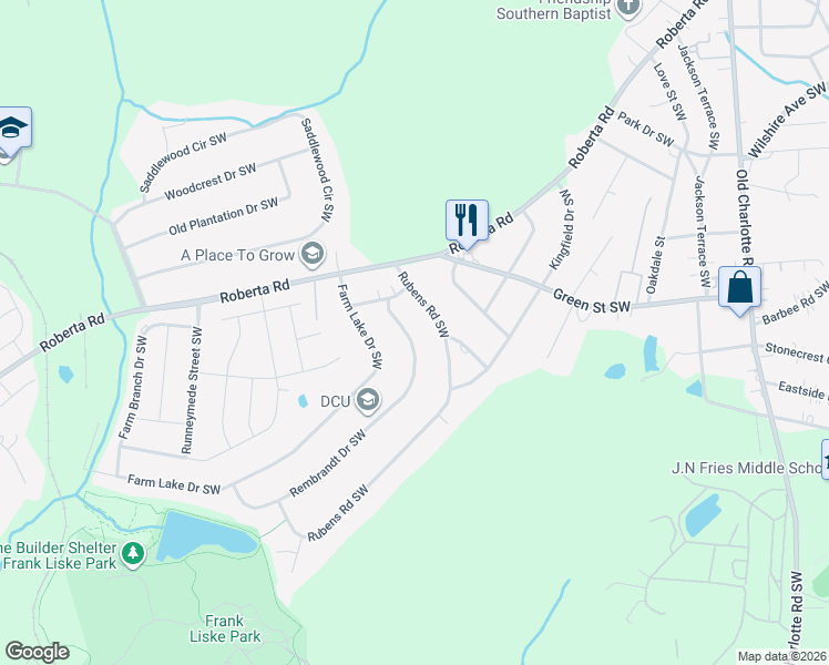 map of restaurants, bars, coffee shops, grocery stores, and more near 1021 Rembrandt Drive Southwest in Concord