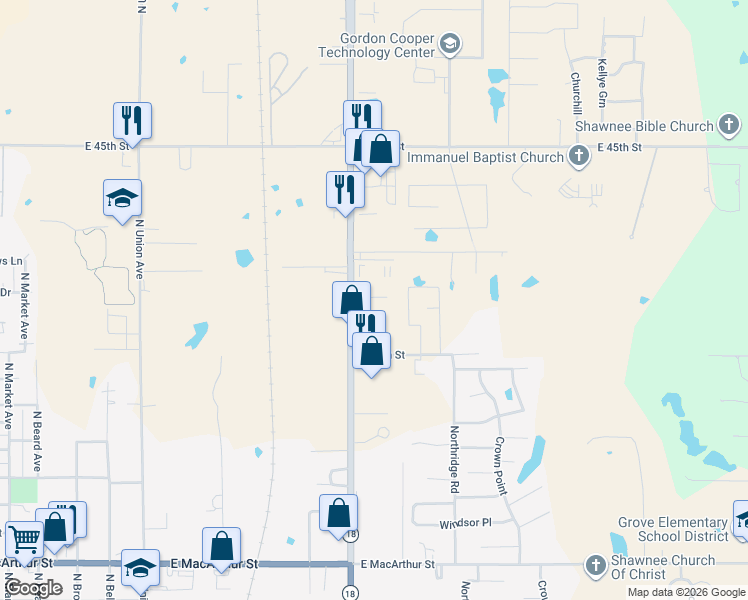 map of restaurants, bars, coffee shops, grocery stores, and more near 4131 North Harrison Street in Shawnee